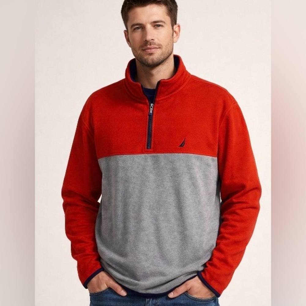 Nautica Quarter Zip Pullover Fleece Sweatshirt men’s Size XXL orange& Gray Color